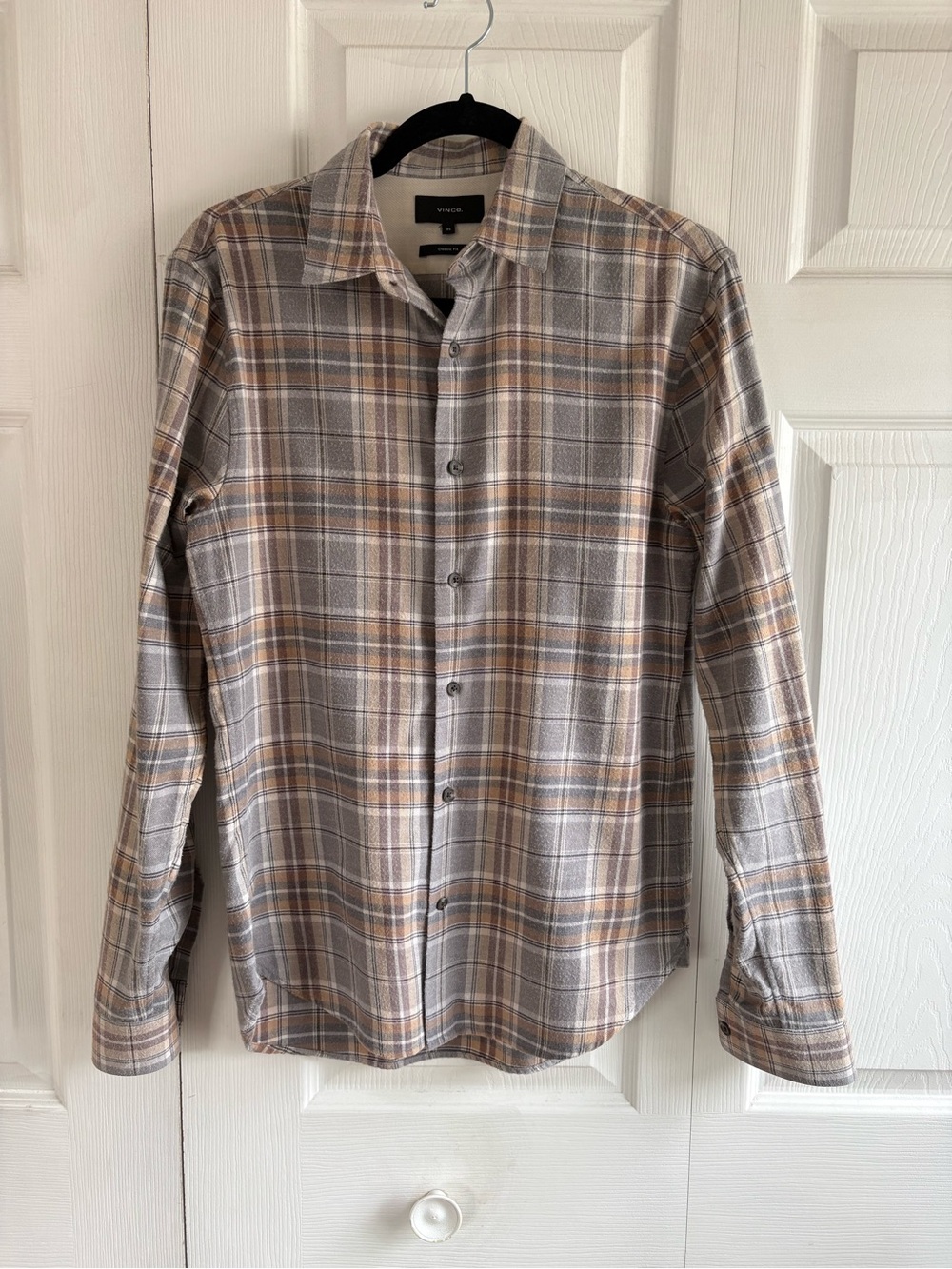 Vince Flannel Shirt Mens XS Grey Tan‎ Plaid Casual Career Classic Fit Brushed